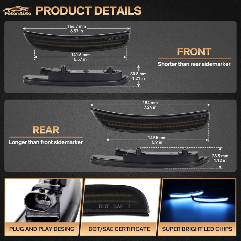 FetonAuto Dynamic Blue LED Side Marker Lights for Dodge Charger 2015 2016 2017 2018 2019 2020 2021 2022 2023 2024 Front Rear Bumper Sequential Signal Lamps, 4PCS Smoked Lens - Image 3